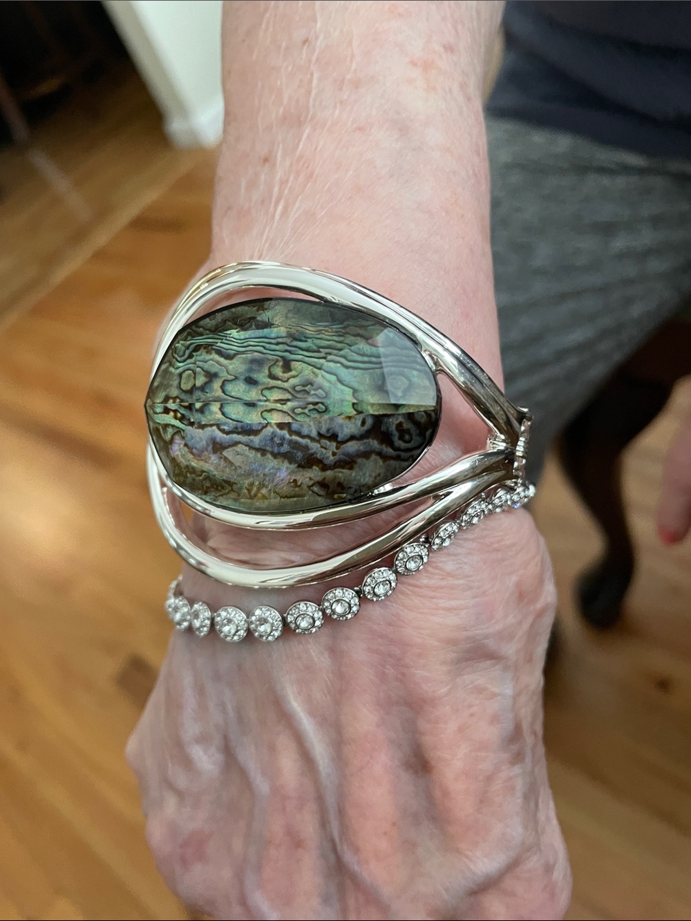 Silver Abalone Statement Cuff Bracelet - Iridescent Green